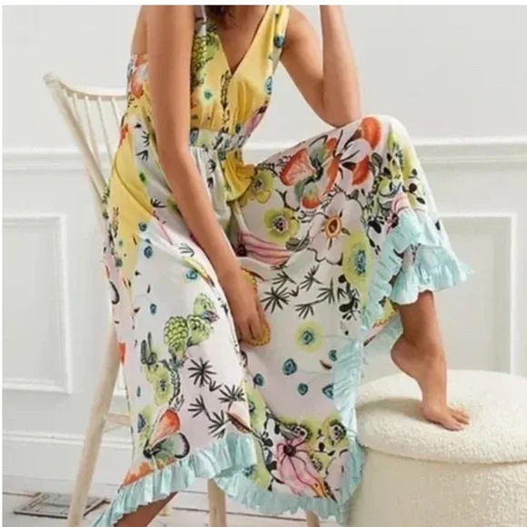 Anthropologie Margaux Sleep Dress Large NWT Floral adjustable Ruffle V Neck - Picture 2 of 15